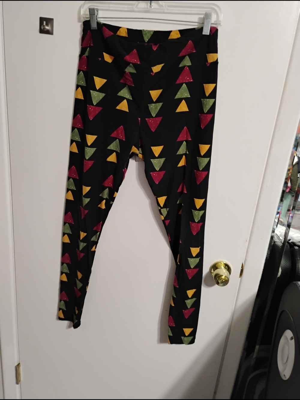 LuLaRoe Black Leggings with Pink, Green & Yellow Triangles